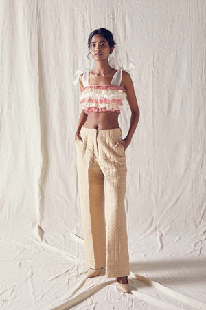 Quilted Beige Wide Pants Cotton