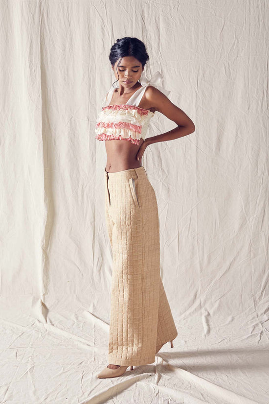Quilted Beige Wide Pants Cotton