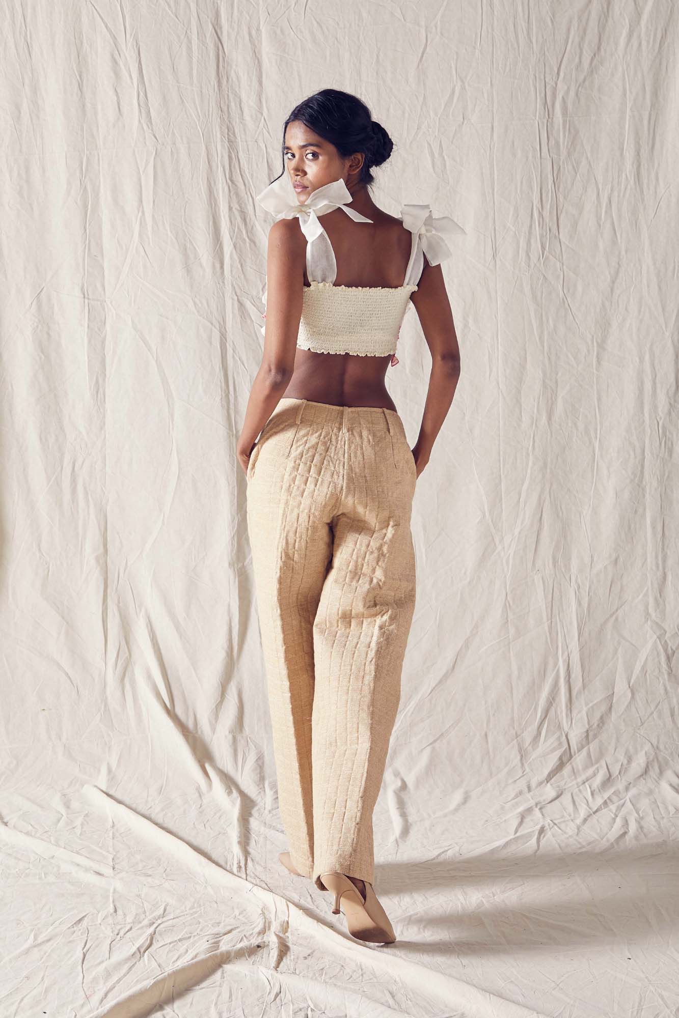 Quilted Beige Wide Pants Cotton