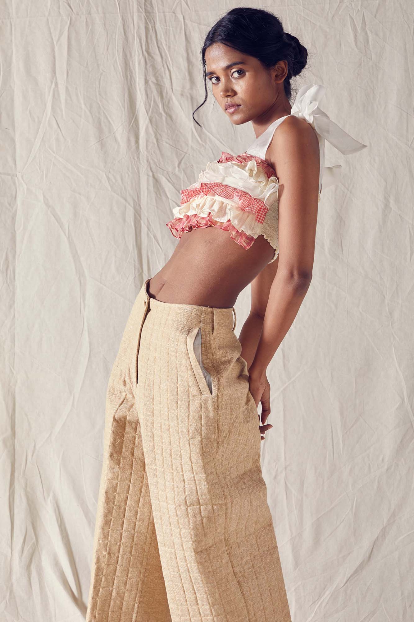 Quilted Beige Wide Pants Cotton