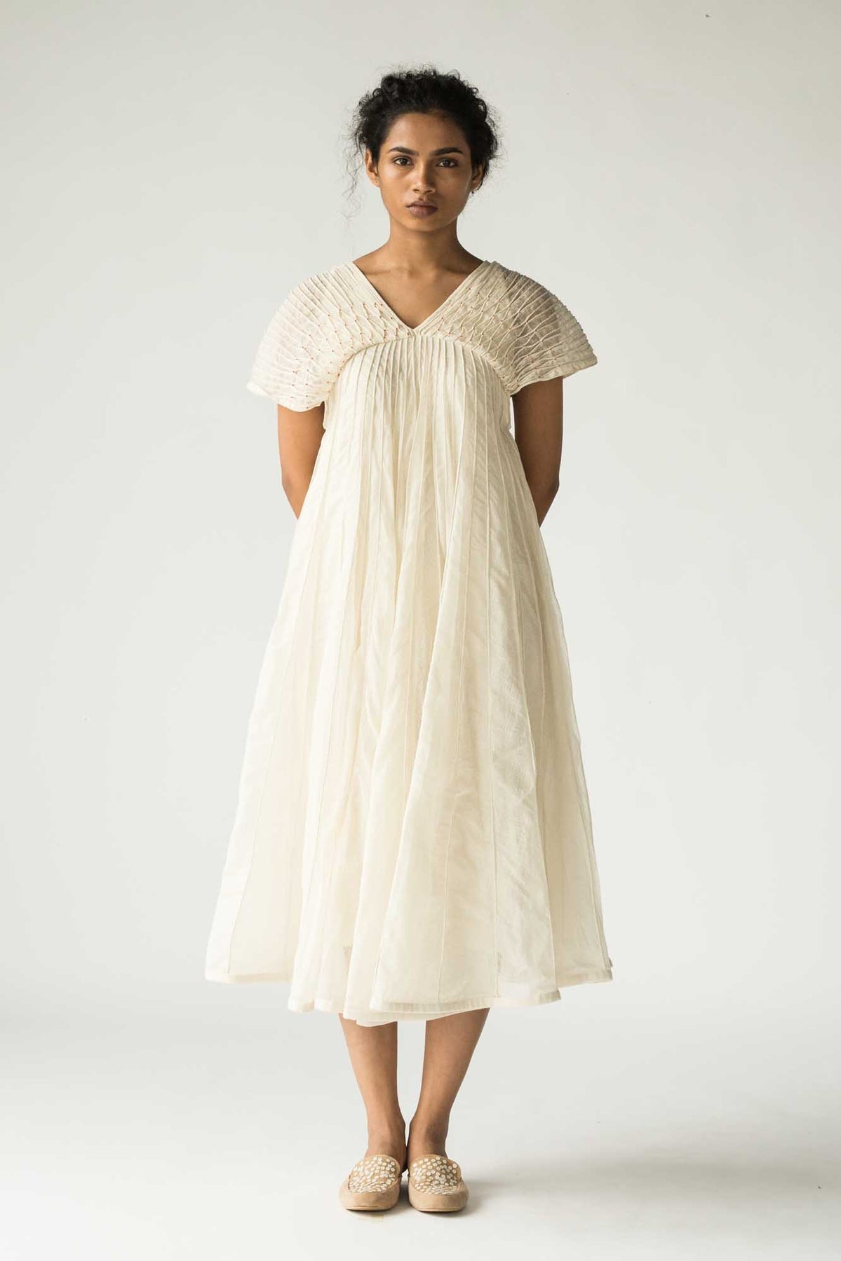 Off White Sleeveless Beaded Yoke Dress