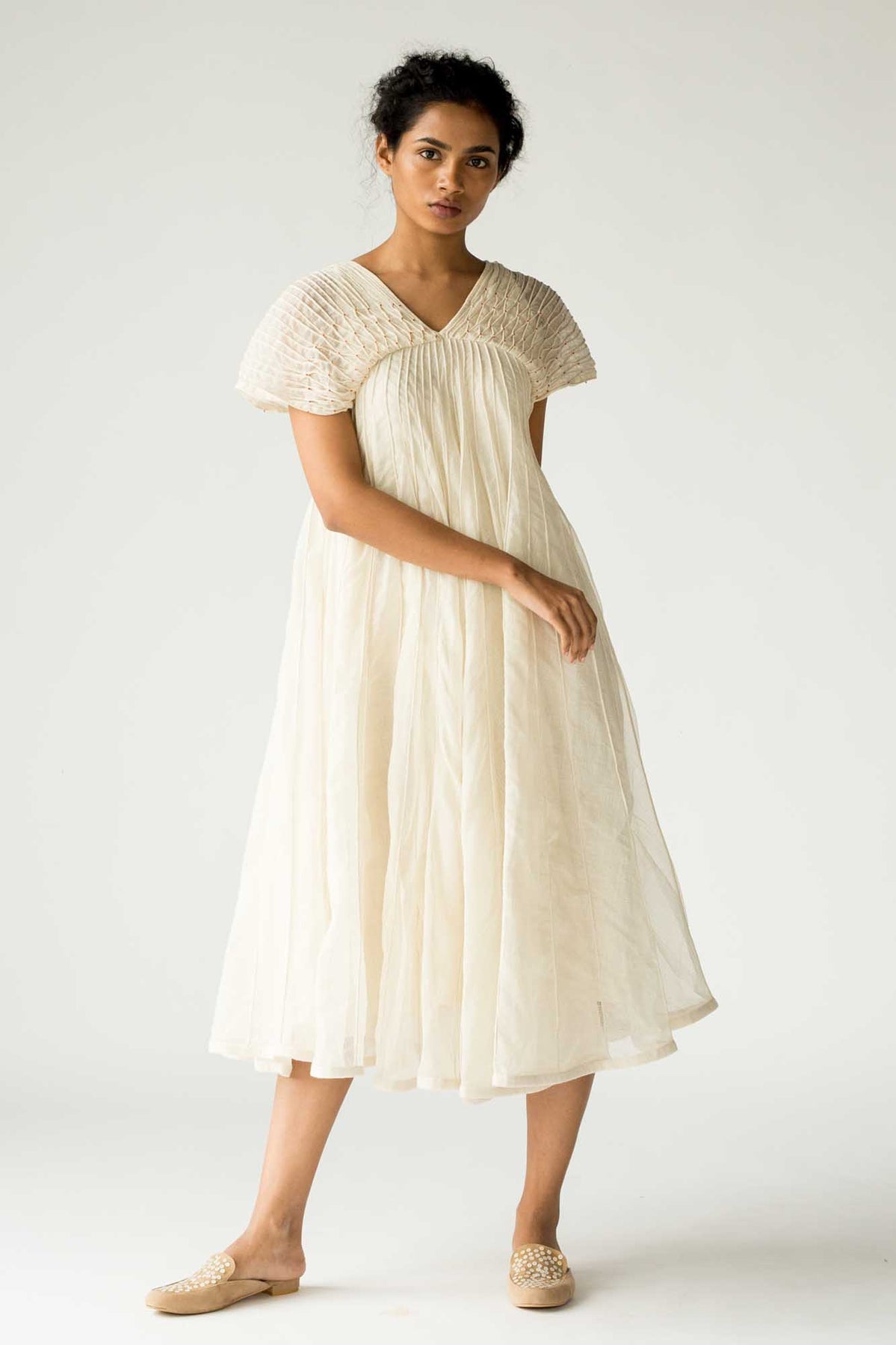 Off White Sleeveless Beaded Yoke Dress