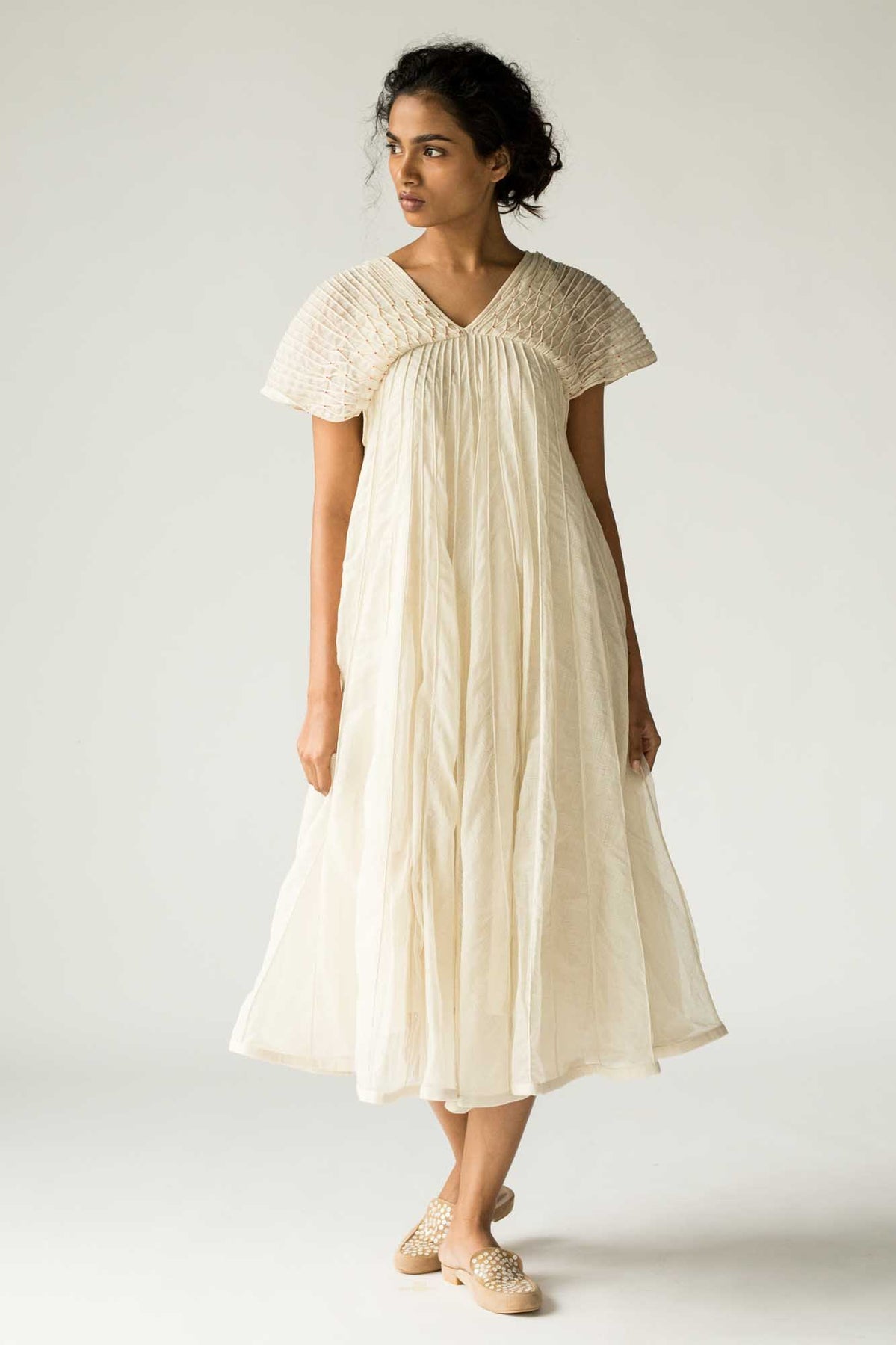 Off White Sleeveless Beaded Yoke Dress