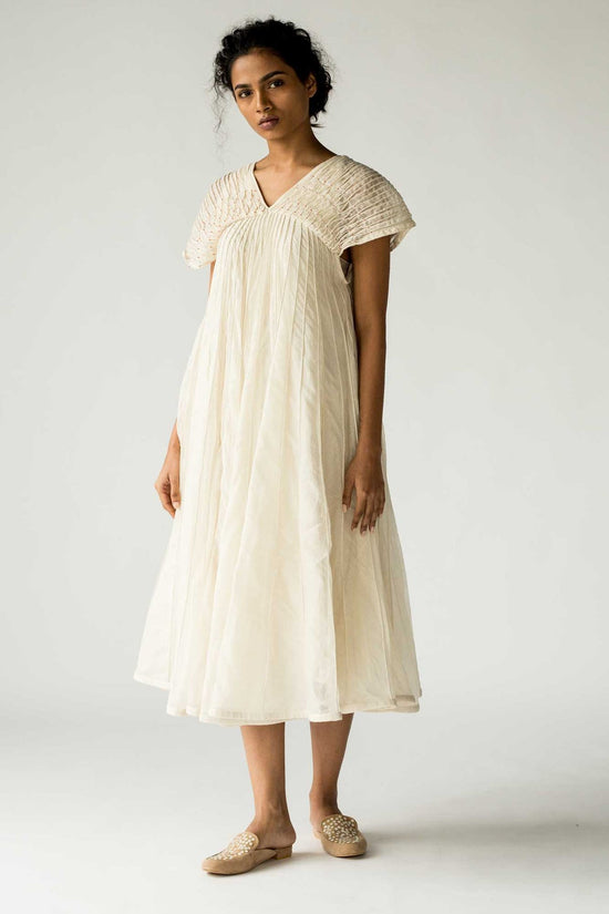 Off White Sleeveless Beaded Yoke Dress