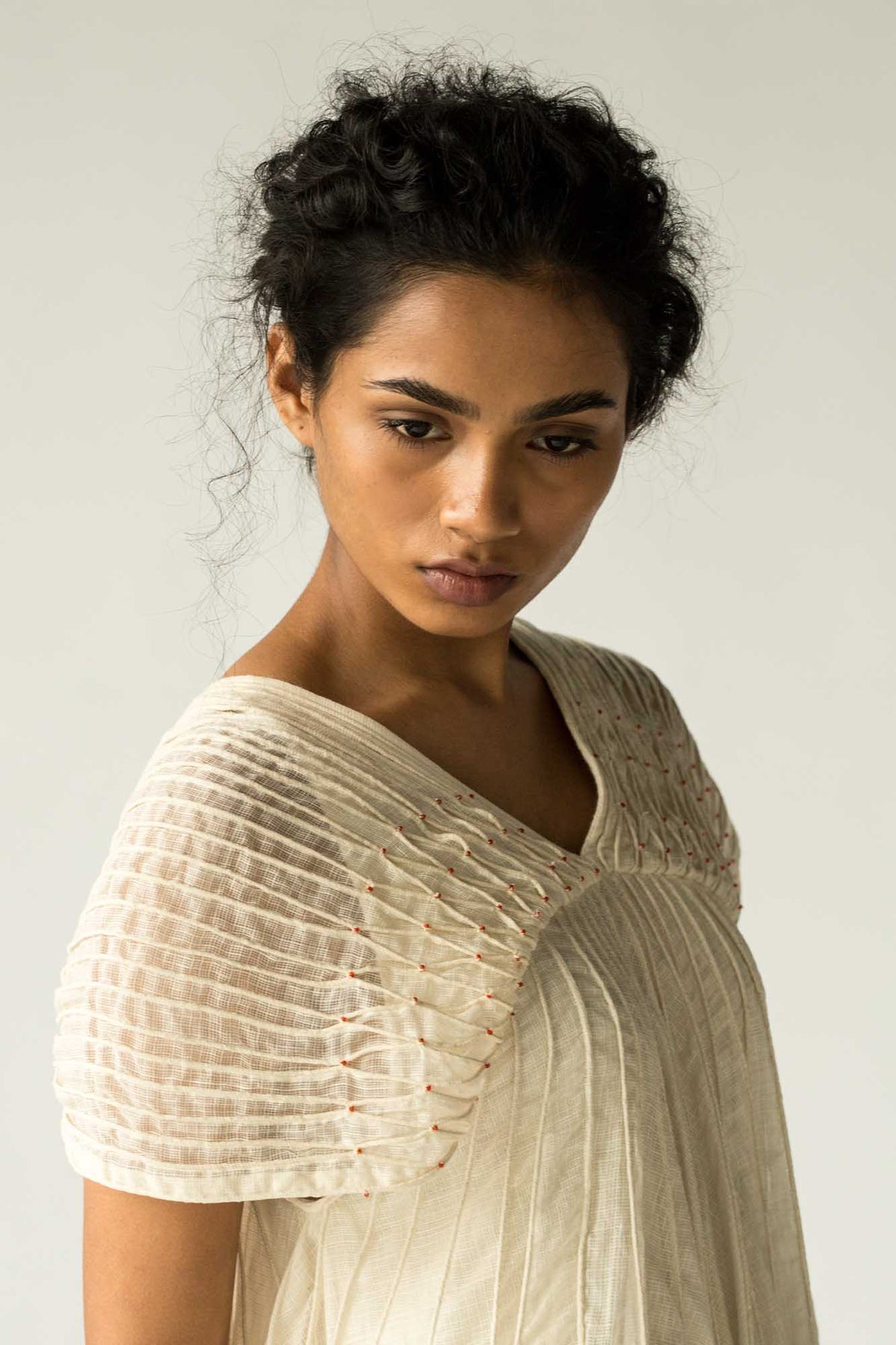 Off White Sleeveless Beaded Yoke Dress