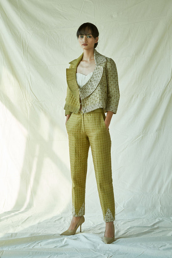 Quilted Green Pencil Pants Cotton