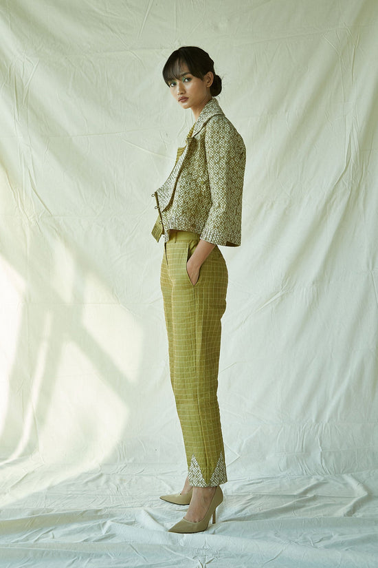 Quilted Green Pencil Pants Cotton
