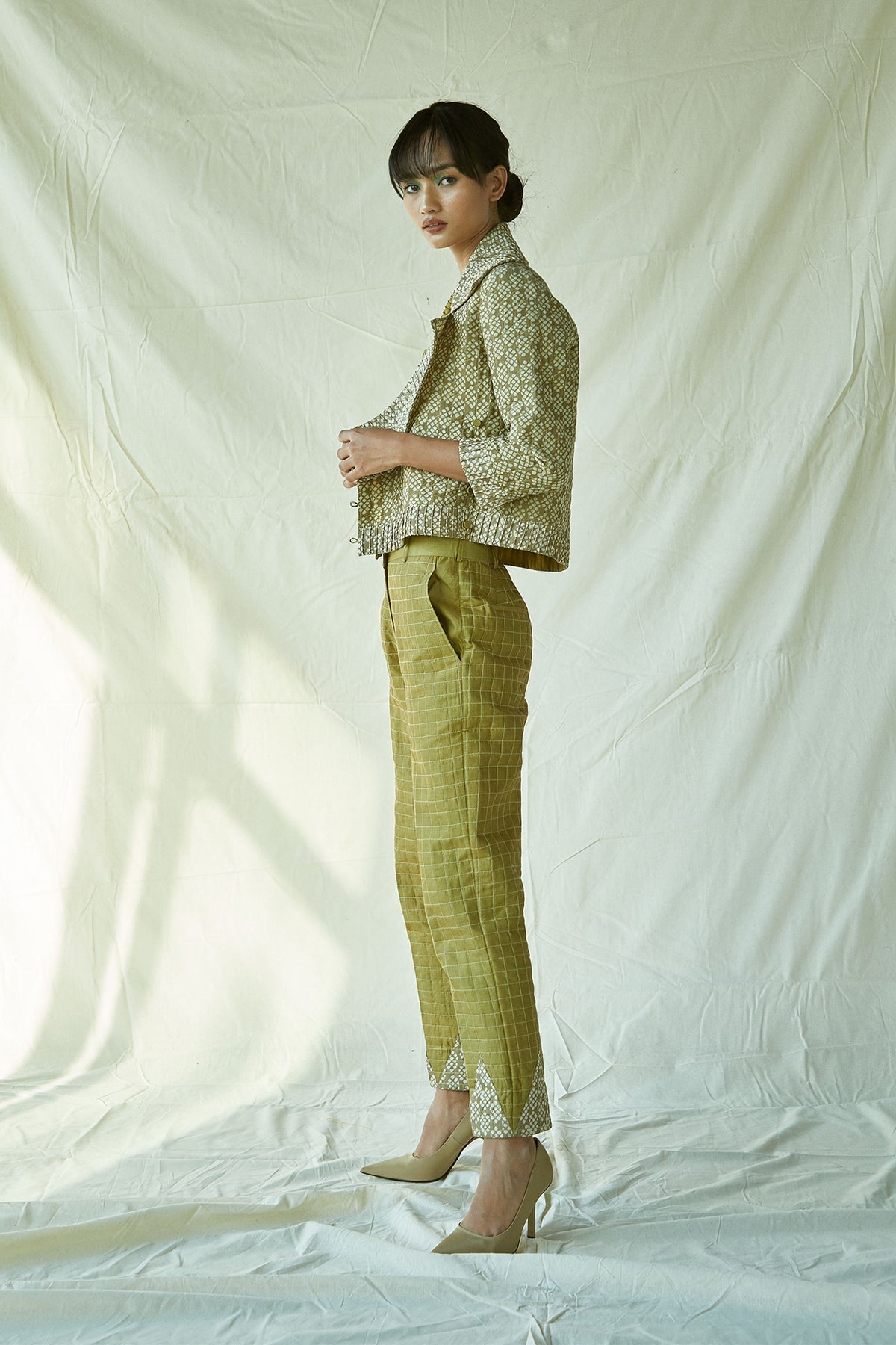 Quilted Green Pencil Pants Cotton