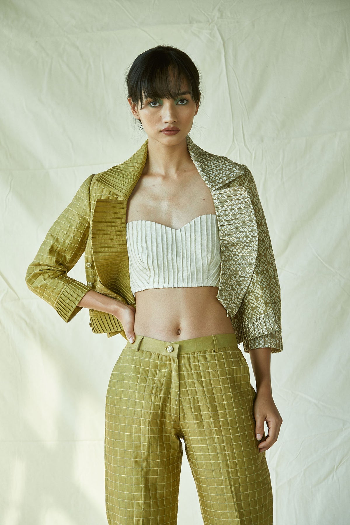 Quilted Green Pencil Pants Cotton